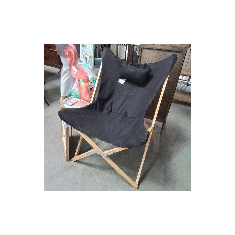 FAUTEUIL PAPILLON BOIS CLAIR PLIABLE TISSU NOIR