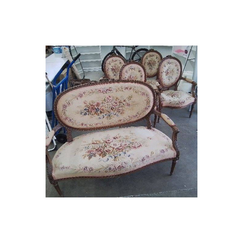 SALON TAPISSERIE BANQUETTE + 4 FAUTEUILS