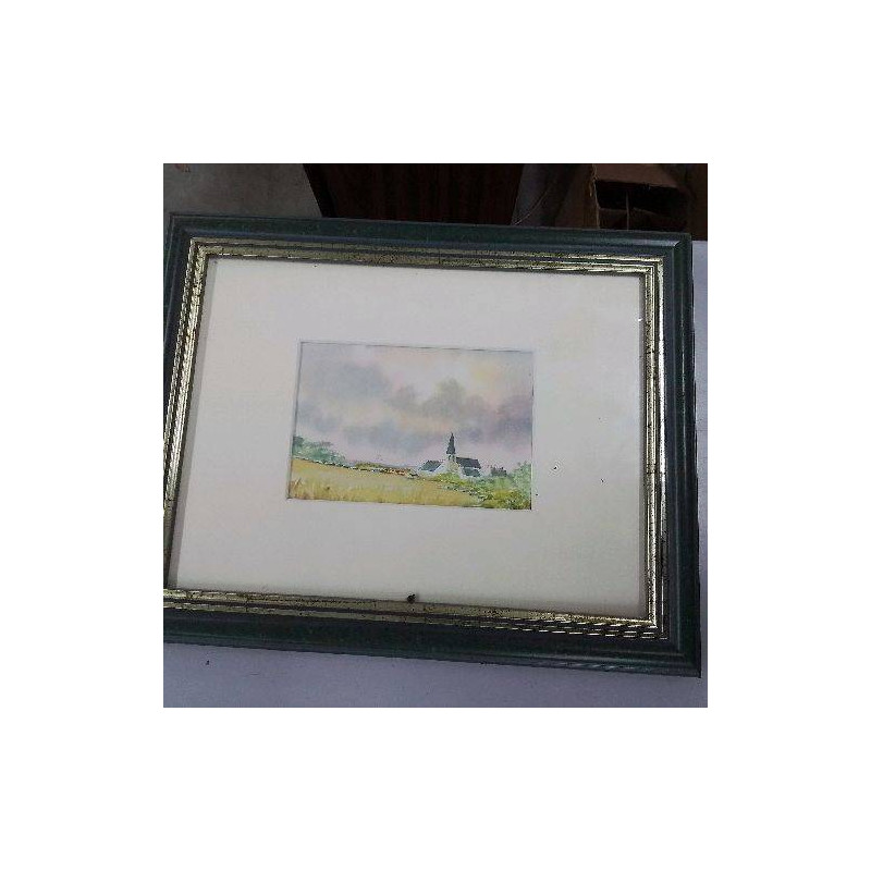 AQUARELLE PAYSAGE AVEC UNE EGLISE