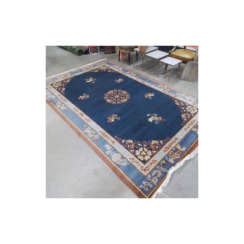 TAPIS BLEU MARRON A FRANGES