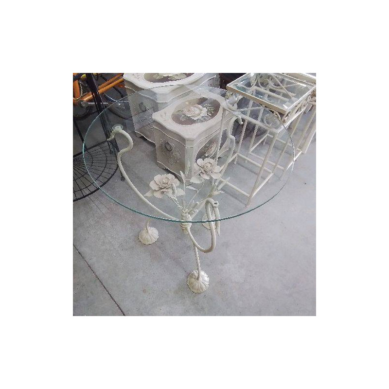 GUERIDON VERRE PIED METAL FLEURS